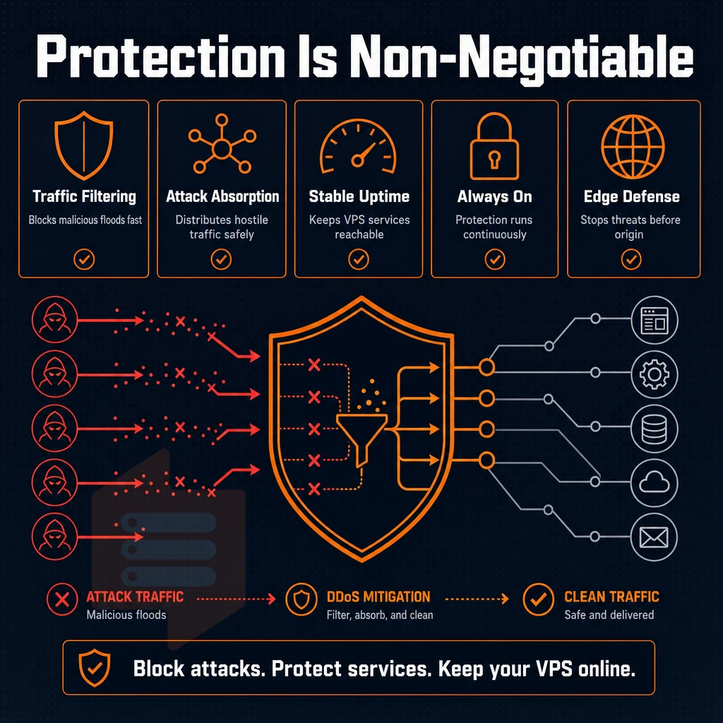 DDoS mitigation flow with shield and traffic arrows